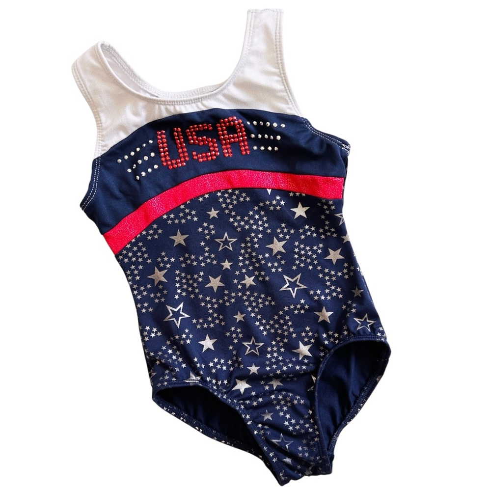 DANSKIN Freestyle Kids Blue USA Leotard Silver Stars White Rhinestone Sz 4/5